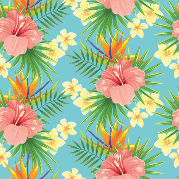 ilustrações, clipart, desenhos animados e ícones de floresce o teste padrão sem emenda. flor à moda da mola, folhas tropicais das plantas e fundo decorativo floral das telhas - hawaiian culture hibiscus print pattern