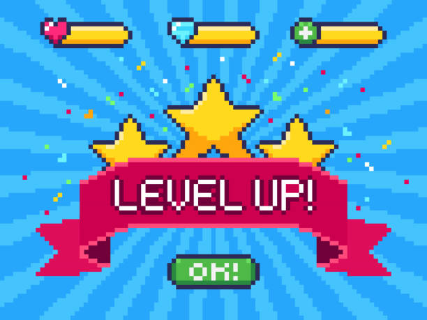 Level Up screen. Pixel video game achievement, pixels 8 bit games ui and gaming level progress vector illustration Level Up screen. Pixel video game achievement, pixels 8 bit games ui and gaming level progress. Arcade games achievements or pixelation gaming trophy vector illustration video game banners stock illustrations