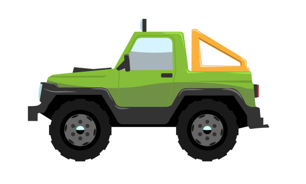 Compact Offroad SUV car side view. Vehicle concept Cartoon Flat color vector illustration. Compact Offroad SUV car side view. Vehicle concept Cartoon Flat and solid color style vector illustration. extreem weer stock illustrations