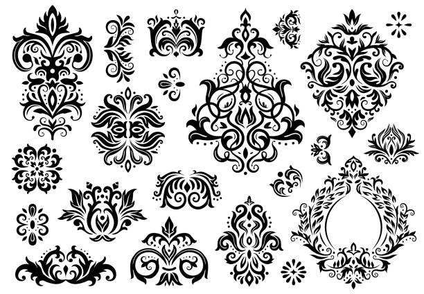 Damask ornament. Vintage floral sprigs pattern, baroque ornaments and victorian decor ornamental patterns vector illustration set Damask ornament. Vintage floral sprigs pattern, baroque ornaments and victorian decor ornamental patterns. Antique ornament borders, rococo ornate or arabesque. Isolated vector illustration sign set tracery stock illustrations