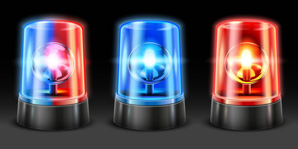Realistic ambulance flashing. Police light flasher, safety lights and warning siren flashing lamps. Emergency light 3D vector set Realistic ambulance flashing. Police light flasher, safety lights and warning siren flashing lamps. Emergency light, accident flasher or rescue alarm 3D vector isolated objects set police lights stock illustrations