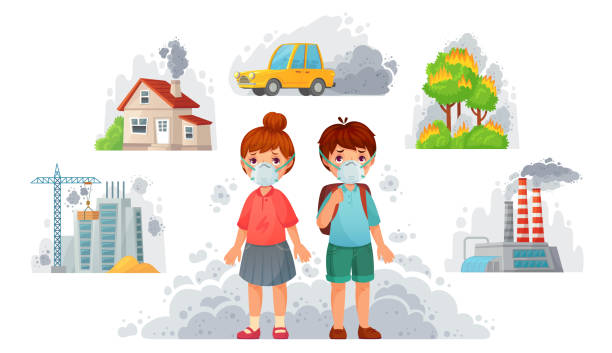 Children in N95 masks. Dirty environment protection, face mask protect from street smoke and PM2. 5 vector illustration Children in N95 masks. Dirty environment protection, face mask protect from street smoke and PM2.5. Car dirty fog, factory fume or diseases facing masks. Cartoon vector illustration dust pollution stock illustrations