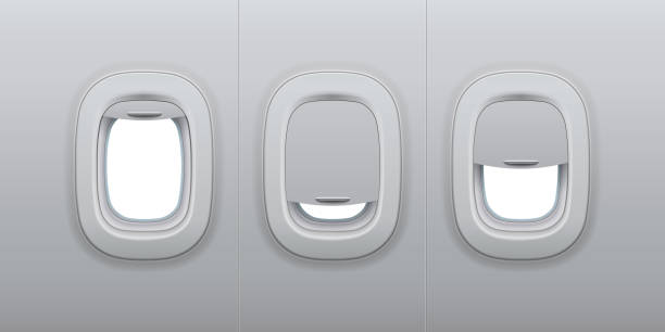 okna samolotów. samolot wewnętrzne iluminatory, okno wewnętrzne samolotu i kadłuba szklany iluminator wektorowy 3d - fuselage stock illustrations