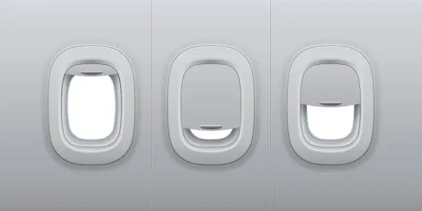 Vector illustration of Aircraft windows. Airplane indoor portholes, plane interior window and fuselage glass porthole 3d vector illustration