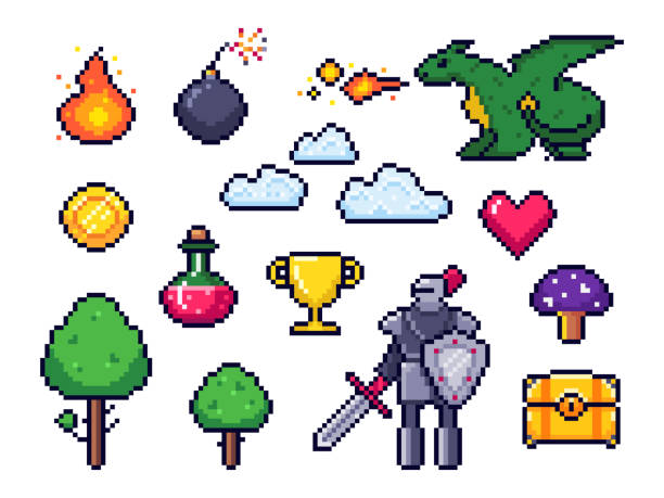 Pixel game elements. Pixelated warrior and 8 bit pixels dragon. Retro games clouds, trees and icons vector set Pixel game elements. Pixelated warrior and 8 bit pixels dragon. Retro games clouds, trees and icons. Arcade pixelation gaming fire, heart and potion. Vector isolated symbols set leisure games illustrations stock illustrations