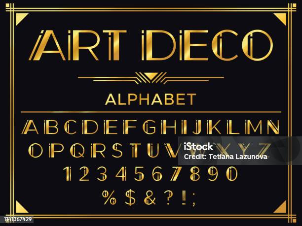 Art Deco Font Golden 1920s Decorative Letters Vintage Fashion Typography And Old Gold Alphabet Vector Set Stock Illustration - Download Image Now