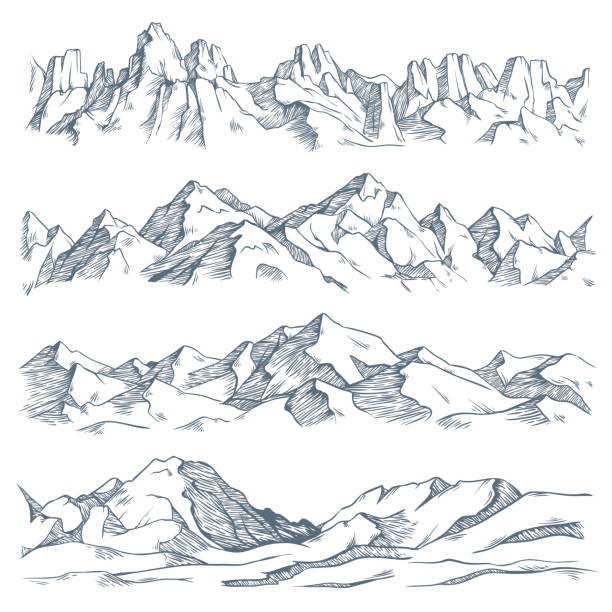 Mountains landscape engraving. Vintage hand drawn sketch of hiking or climbing on mountain. Nature highlands vector illustration Mountains landscape engraving. Vintage hand drawn sketch of hiking or climbing on mountain. Nature highlands drawing, mountains landscape engraving. Vector isolated illustration sign set camping drawings stock illustrations
