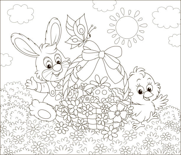 illustrazioni stock, clip art, cartoni animati e icone di tendenza di coniglietto e pulcino con un cesto pasquale - easter bunny easter grass sunlight