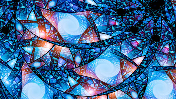 синий светящийся витраж абстрактный фрактал - glass art stained window стоковые фото и изображения