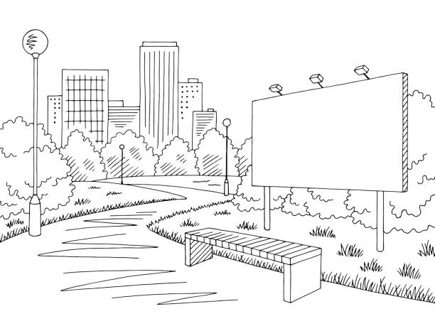 ilustrações de stock, clip art, desenhos animados e ícones de park billboard graphic black white city landscape sketch illustration vector - scenics pedestrian walkway footpath bench