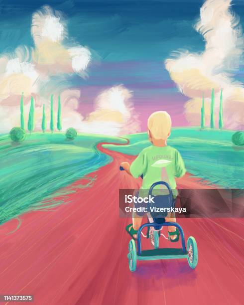 Little Boy On A Bicycle Stock Illustration - Download Image Now - Bicycle, Child, Cycling