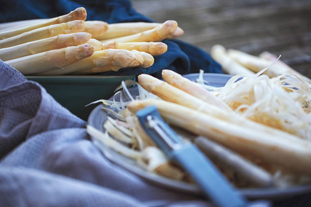 Fresh white german asparagus peeled