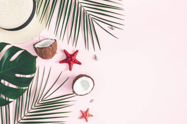 istock Summer composition. Tropical palm leaves, hat, coconut on pastel pink background. Summer concept. Flat lay, top view, copy space 1141376845