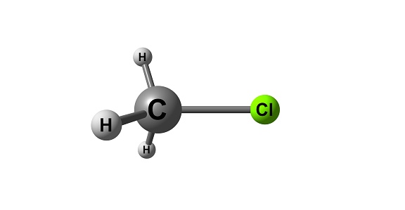 Chloromethane or methyl chloride, Refrigerant-40, is a chemical compound of the group of organic compounds called haloalkanes. 3d illustration