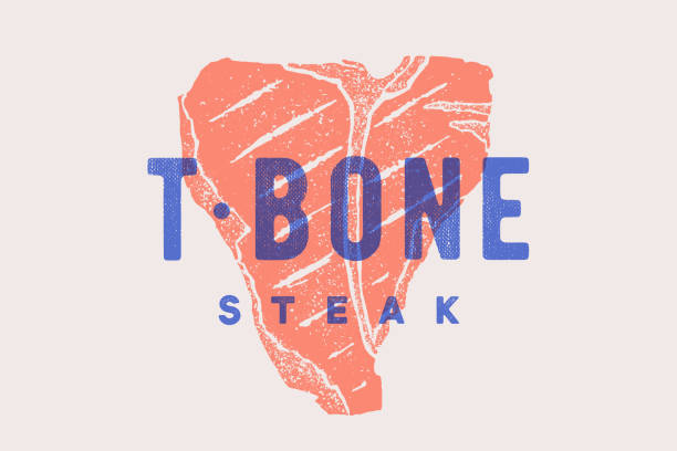 스테이크, 티 본. 스테이크 실루엣, 텍스트와 포스터 - steak meat t bone steak raw stock illustrations