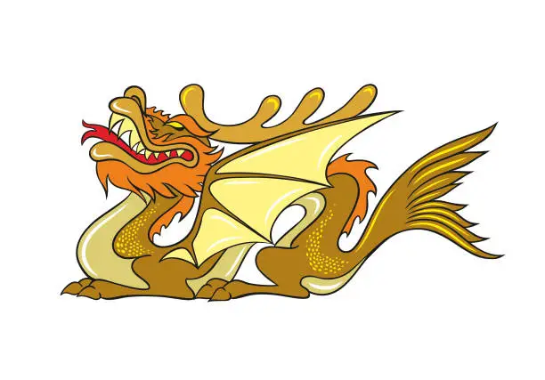 Vector illustration of Chinese gold dragon with reindeer antlers, camel muzzle, tiger paws, bat wings, fish tail.