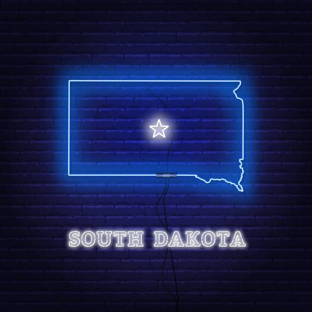 istock Neon map State of South Dakota on a brick wall background. 1141386081