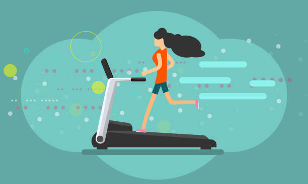 istock Girl running on treadmill trendy color flat style banner. Vector illustration. 1141389731