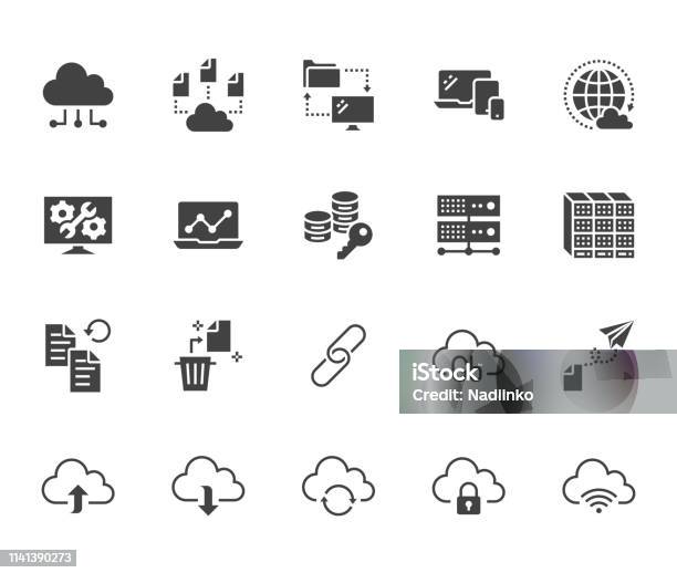 Cloud Data Storage Flat Glyph Icons Set Database Information Storage Server Center Global Network Backup Download Vector Illustrations Technology Signs Solid Silhouette Pixel Perfect 64x64 Stock Illustration - Download Image Now