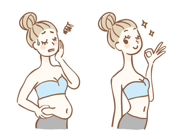 ilustrações de stock, clip art, desenhos animados e ícones de diet before after - overweight women body abdomen