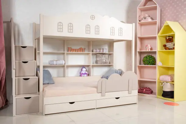 Interior of children room with bunk bed. unisex room for two children