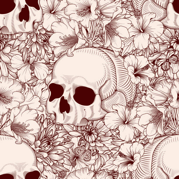 Seamless pattern with skulls and flowers vector art illustration