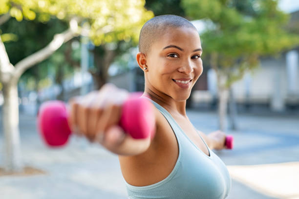 Happy curvy woman exercising