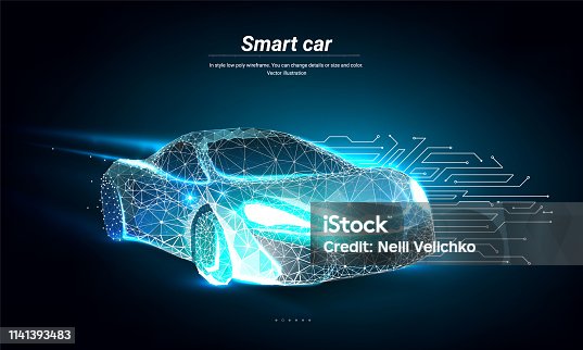 istock Electric machine. Autonomous car vehicle with circuit board. Smart or intelligent car in the form of a starry sky or space. Abstract illustration isolated on blue background. Low poly wireframe mesh 1141393483