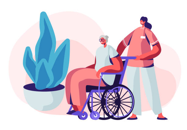 Help Old Disabled People in Nursing Home. Young Nurse Social Worker Care of Sick Senior Driving her on Wheelchair, Skilled Nurse Residential Healthcare, Medical Aid. Cartoon Flat Vector Illustration Help Old Disabled People in Nursing Home. Young Nurse Social Worker Care of Sick Senior Driving her on Wheelchair, Skilled Nurse Residential Healthcare, Medical Aid. Cartoon Flat Vector Illustration senior adult illustrations stock illustrations