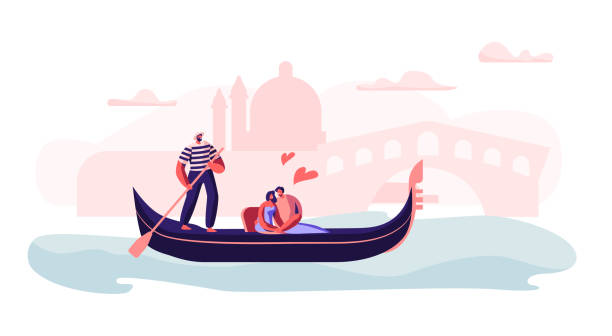 ilustrações de stock, clip art, desenhos animados e ícones de happy loving couple sitting in gondola with gondolier floating at canal hugging with hearts around, love in venice. man and woman have trip or romantic tour to italy. cartoon flat vector illustration - men gondolier people activity