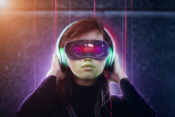 Young female in virtual reality goggles and headphones. Face recognition system concept.