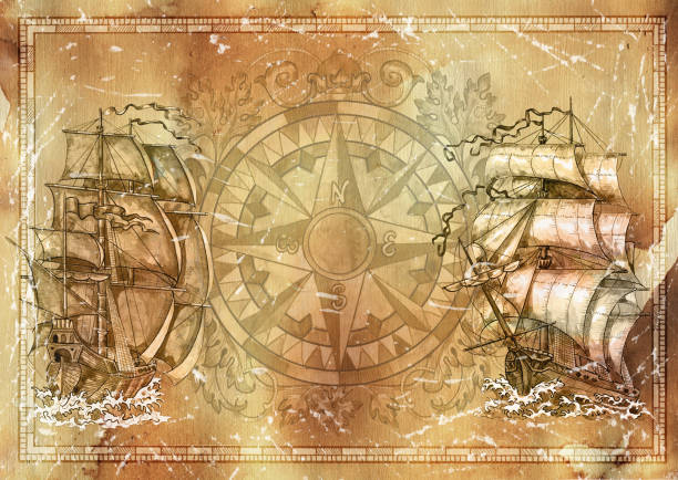 istock Marine grunge texture background, nautical victorian compass, old sailboat, copy space 1141397195