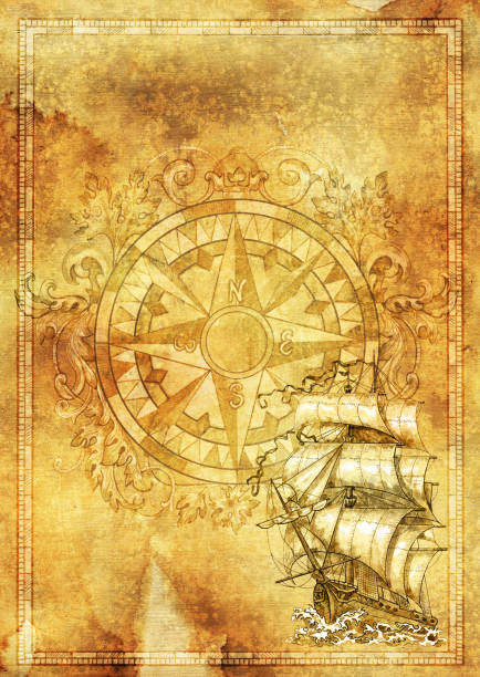 istock Vertical marine background with baroque compass and old sailboat on grunge texture 1141398139