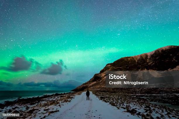 Enjoying The Northern Lights In Unstad Stock Photo - Download Image Now - Aurora Borealis, North Pole, Adventure