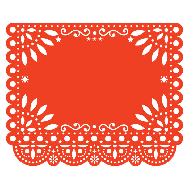 Papel Picado vector floral template design with abstract shapes, Mexican paper decorations pattern in orange, traditional fiesta banner with empty space for text Folk art, retro ornament form Mexico, orange cut out composition with flowers and abstract shapes isolated on white papel picado illustrations stock illustrations