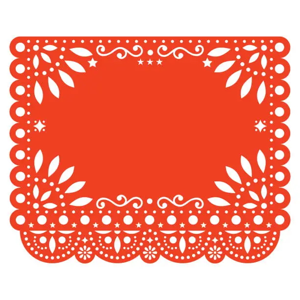 Vector illustration of Papel Picado vector floral template design with abstract shapes, Mexican paper decorations pattern in orange, traditional fiesta banner with empty space for text