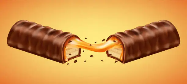 Vector illustration of Cracked chocolate bar with caramel. Realistic vector illustration