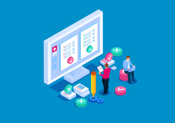 Online testing, online education Online testing, online education advertising isometric stock illustrations