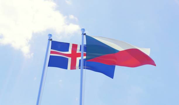 istock Czech Republic and Iceland, two flags waving against blue sky 1141402571