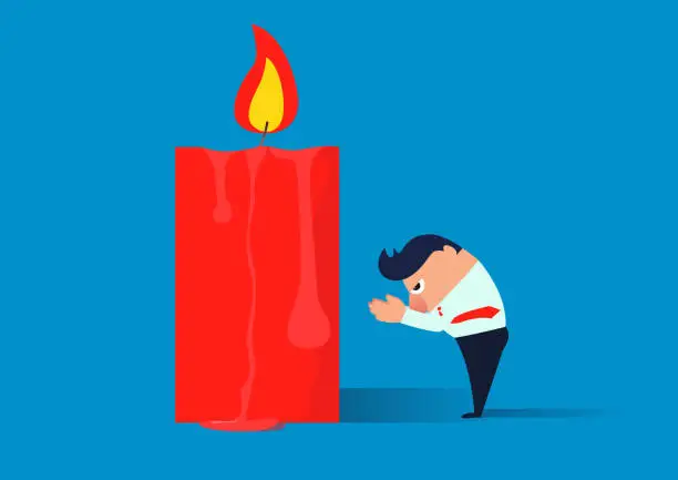 Vector illustration of Wishing and praying, businessman making a wish against a huge candle