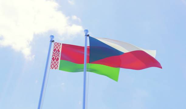 istock Czech Republic and Belarus, two flags waving against blue sky 1141402833