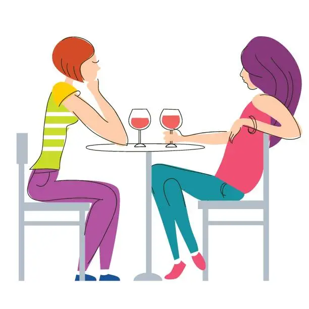 Vector illustration of street cafe with two talking women