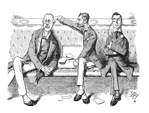 British satire comic cartoon illustrations - Three men sitting on a long bench - illustration From Punch's Almanack 1899. politics illustrations stock illustrations