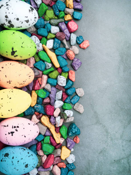 istock Colorful Easter Egg, sweet candies background. Top view with copy space 1141407024