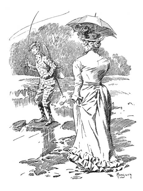 British satire comic cartoon illustrations - Man fly fishing with woman watching - illustration From Punch's Almanack 1899. punch puppet stock illustrations