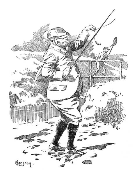 ilustraciones, imágenes clip art, dibujos animados e iconos de stock de ilustraciones de cómic de la sátira británica-hombre mosca pesca-ilustración - pesca con mosca ilustraciones