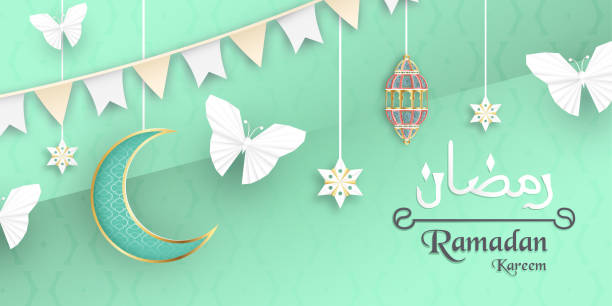 istock Template for Ramadan Kareem with green and gold color. 3D Vector illustration design in paper cut and craft  for islamic greeting card, invitation, book cover, brochure, web banner, advertisement. 1141408231