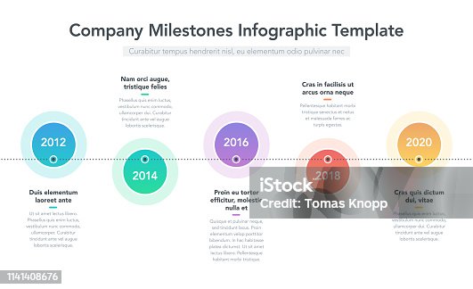 istock Modern infographic for company milestones timeline with colorful circles and place for your description 1141408676