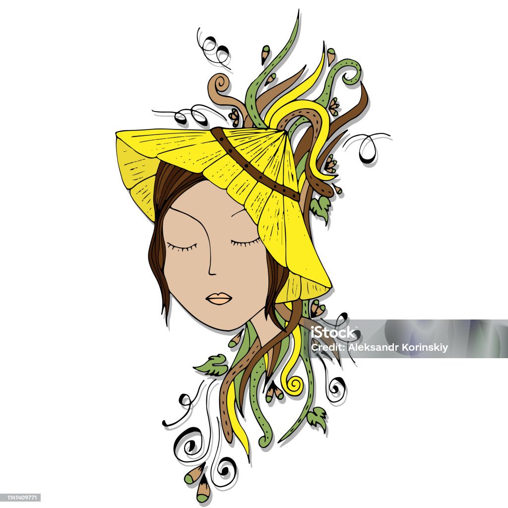 The face of the girl. Chinese woman in hat, psychedelic pattern, hand-drawn sketch Abstract stock illustration