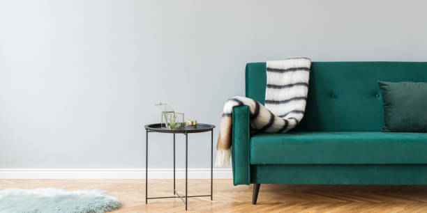 istock Minimalistic and luxury grey home interior with green velvet design sofa, black coffe table with airplant, carpet and elegant blanket. Copy space for inscription, mock up poster. Brown wooden parquet. 1141410972